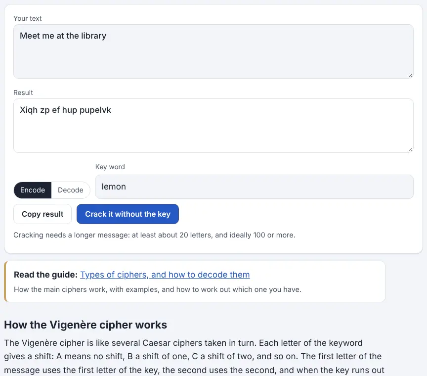 Screenshot of the Vigenère Cipher showing results for the example “Meet me at the library”