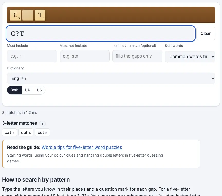 Screenshot of the Word Finder showing results for the example “c?t”