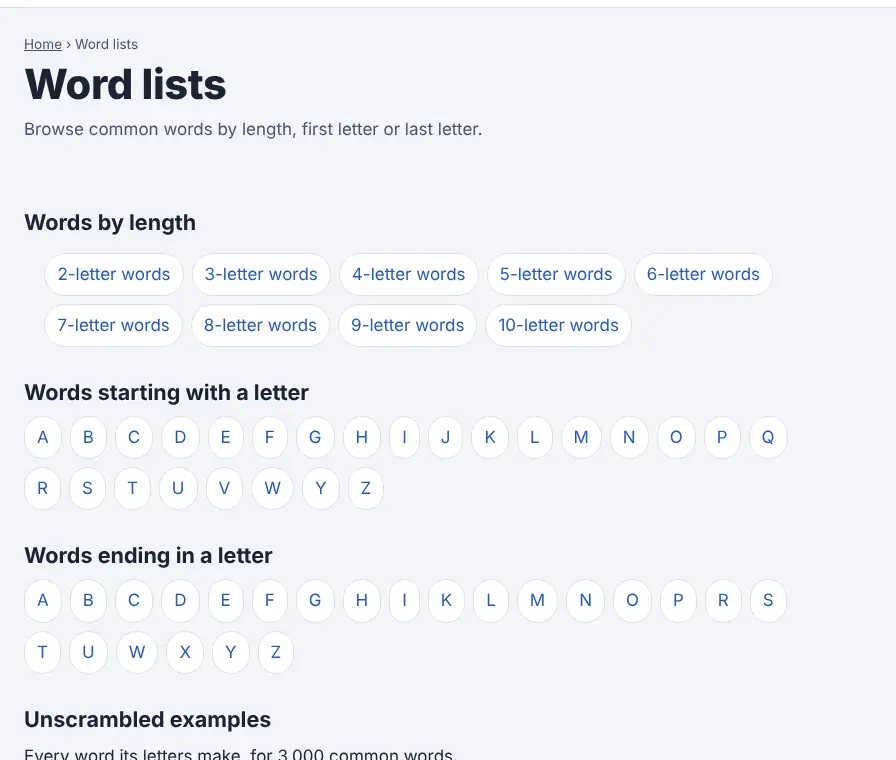 Screenshot of the Word Lists on Unscramble Words 4U, ready to use