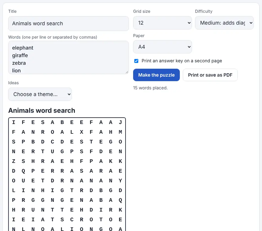 Screenshot of the Word Search Maker on Unscramble Words 4U, ready to use