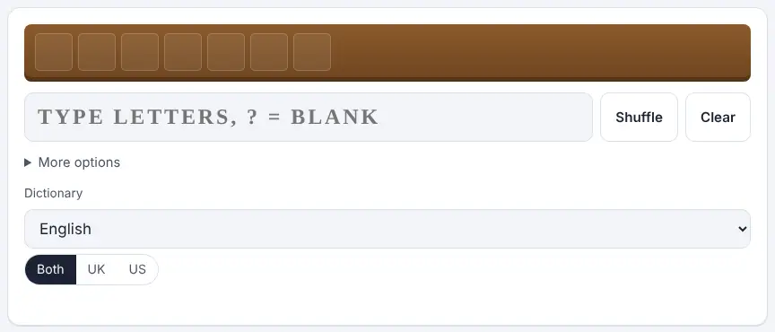 Screenshot of the Word Unscrambler on Unscramble Words 4U, ready to use