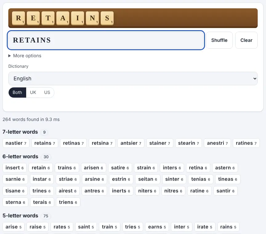 Screenshot of the Word Unscrambler showing results for the example “retains”