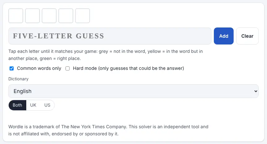 Screenshot of the Wordle Solver on Unscramble Words 4U, ready to use