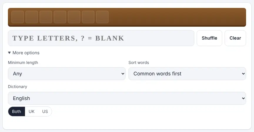 Screenshot of the Words from Letters on Unscramble Words 4U, ready to use
