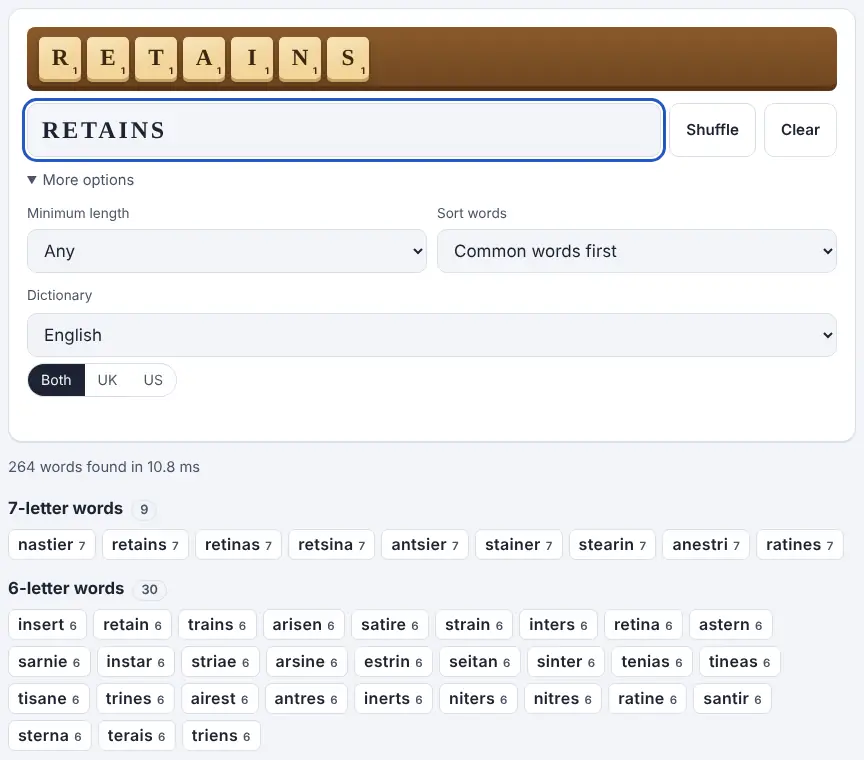 Screenshot of the Words from Letters showing results for the example “retains”