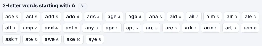 Screenshot of the Words Starting With a Letter on Unscramble Words 4U, ready to use